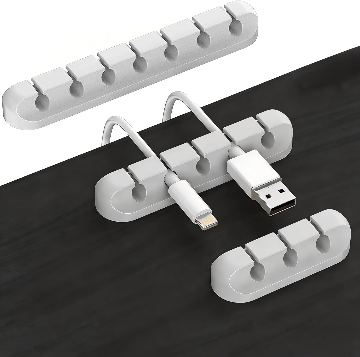 Cable Holder Clips 3-Pack, Silicone Cable Management Organizer with 3/5/7 Slots, Self Adhesive Cord Clips for Desk, Nightstand, USB Charging Cables, Mouse & Power Cords, Office & Home – White