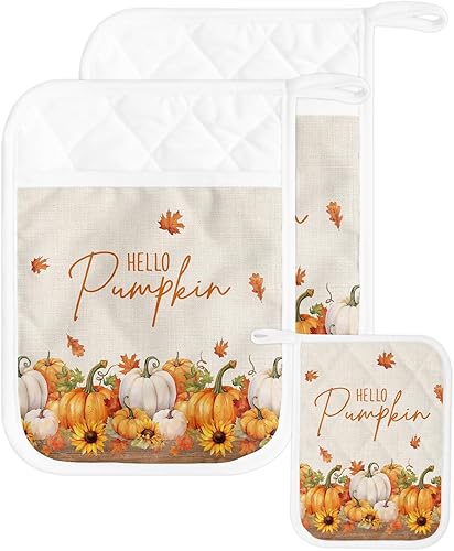 Miniatura 1 de Calabaza de otoño, 2 soportes para ollas para cocina, antideslizante y aislante de calor, juego de agarraderas de tela de toalla con bolsillo,