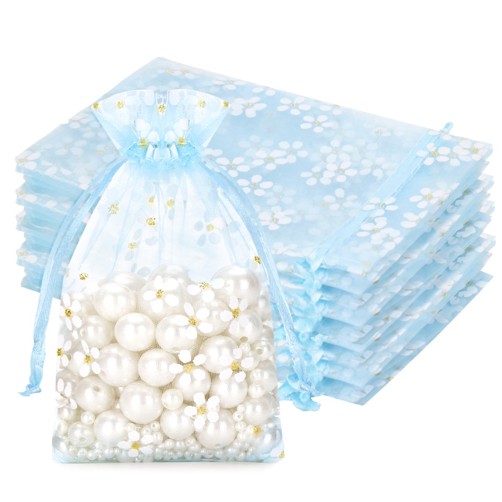 jijAcraft Daisy Organza Pouches Baby Blue: 10x15CM Organza Gift Bags 30PCS Jewelry Drawstring Pouches for Wedding, Birthday, Baby Shower, Party, Craft Storage, Gift Wrapping