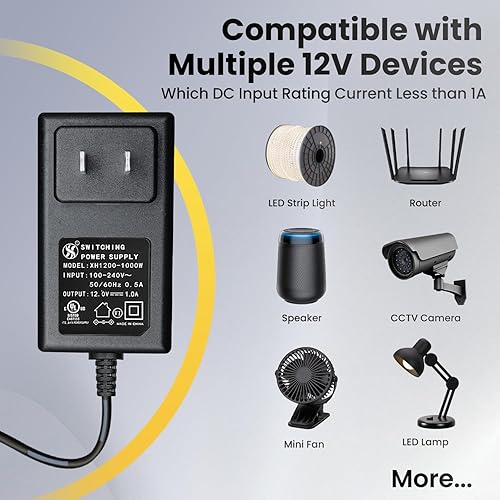 Vista 5 de Adaptador de fuente de alimentación de 12 V, 1 A, CA 100 ~ 240 V a CC 12 V 1000 mA 12 W, adaptador de conmutación de 0.217 in x 0.083 in DC enchufe