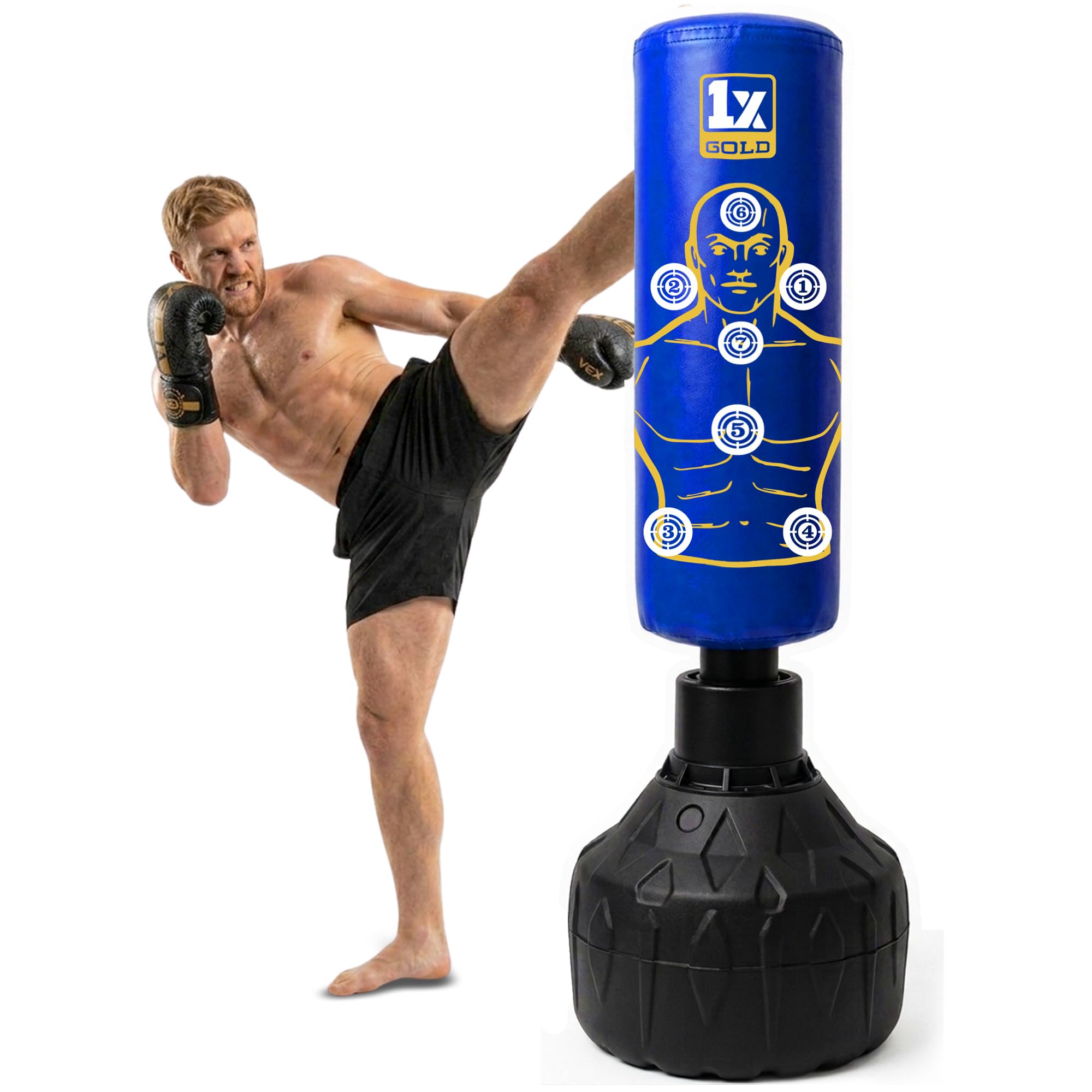 Free Standing Punch Bag-Heavy Duty 5ft 6ft Pedestal Stand Boxing Bag Freestanding for Kickboxing Martial Arts MMA Dummy Muay Thai Home Gym Training Equipment for Men and Women (5Ft Blue)
