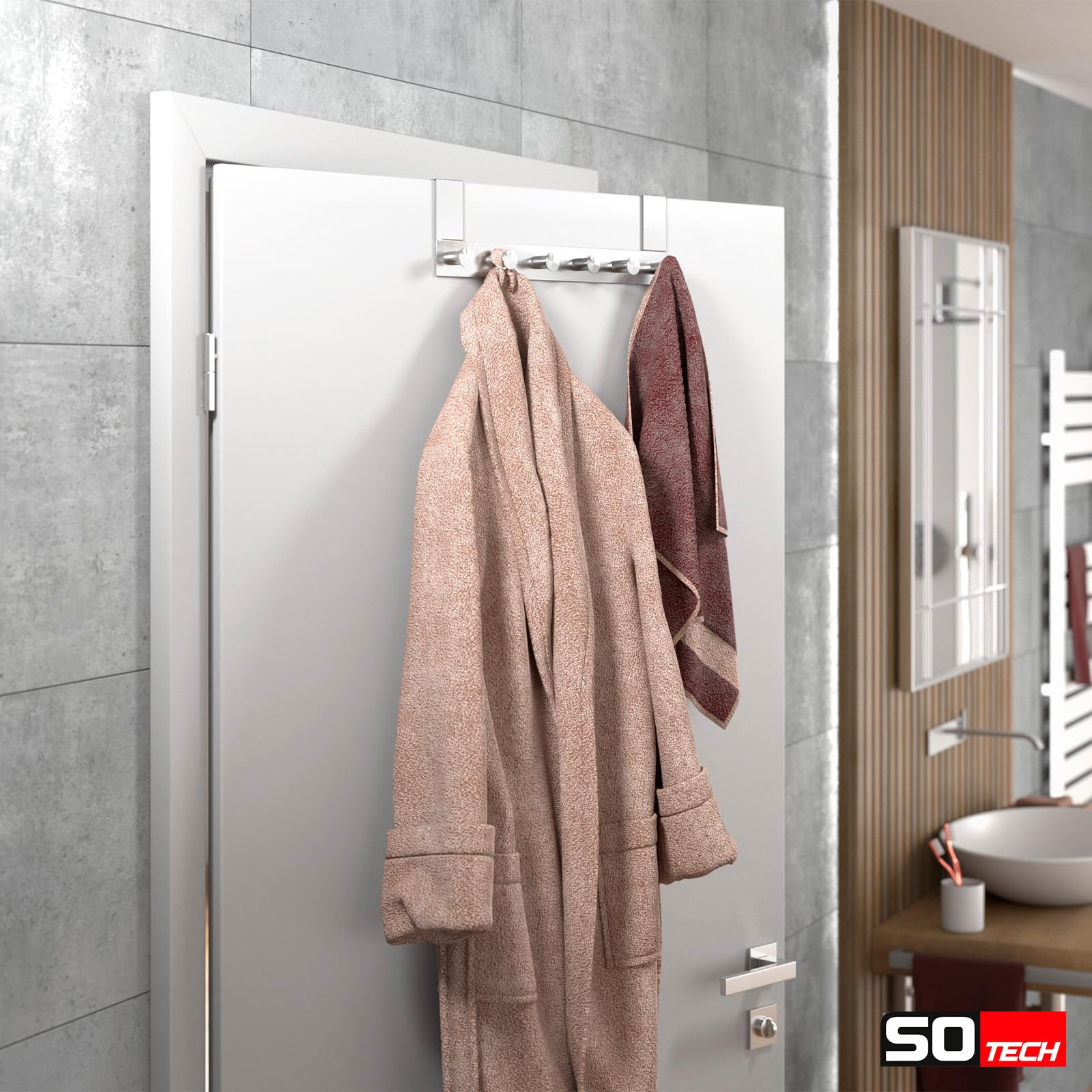 SOTECH Appendiabiti per Porte Linea I Acciaio Inox Opaco 380 x 110 mm 6 Ganci Battuta Max 16 mm