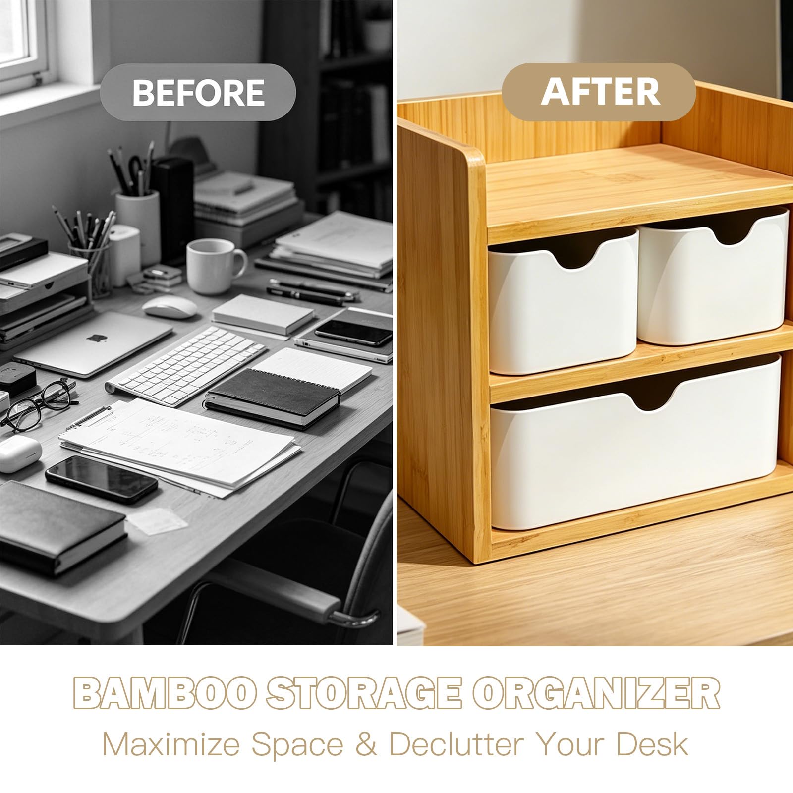 Schreibtisch Organizer, Schreibtisch Organizer mit schubladen Holz und Bambus, vielseitige Aufbewahrungsbox für Schulmaterial, Schmuck, Kosmetik und Schreibwaren
