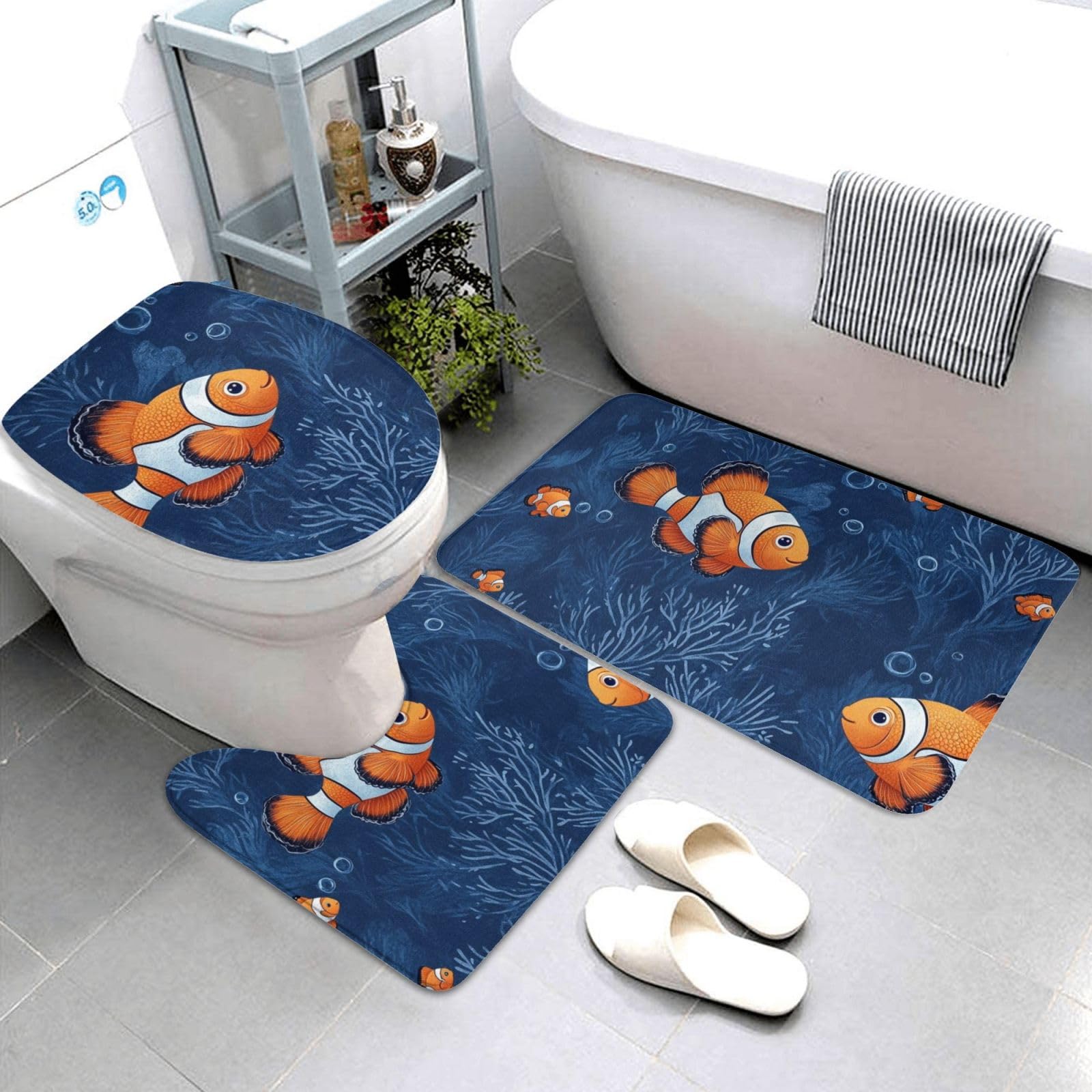 Lot de 3 tapis de salle de bain à fond bleu avec poisson orange, tapis de bain doux et absorbant en mousse à mémoire de forme et tapis de toilette en forme de U, décoration d'intérieur, séchage rapide