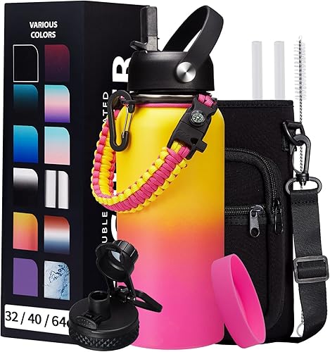 Botella de agua aislada de 324064 onzas con asa de cuerda de paracaídas, funda con correa de transporte, tapa de boquilla y de popote, térmica,