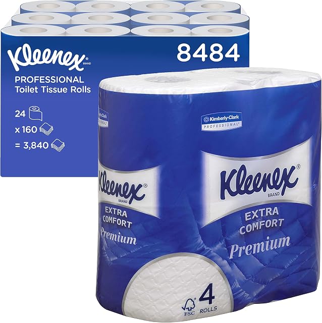 Kleenex Standard Size Toilet Roll 8484 - 4 Ply Toilet Paper - 24 Rolls x 160 White Toilet Tissue Sheets (3,840 sheets) , Pack of 24