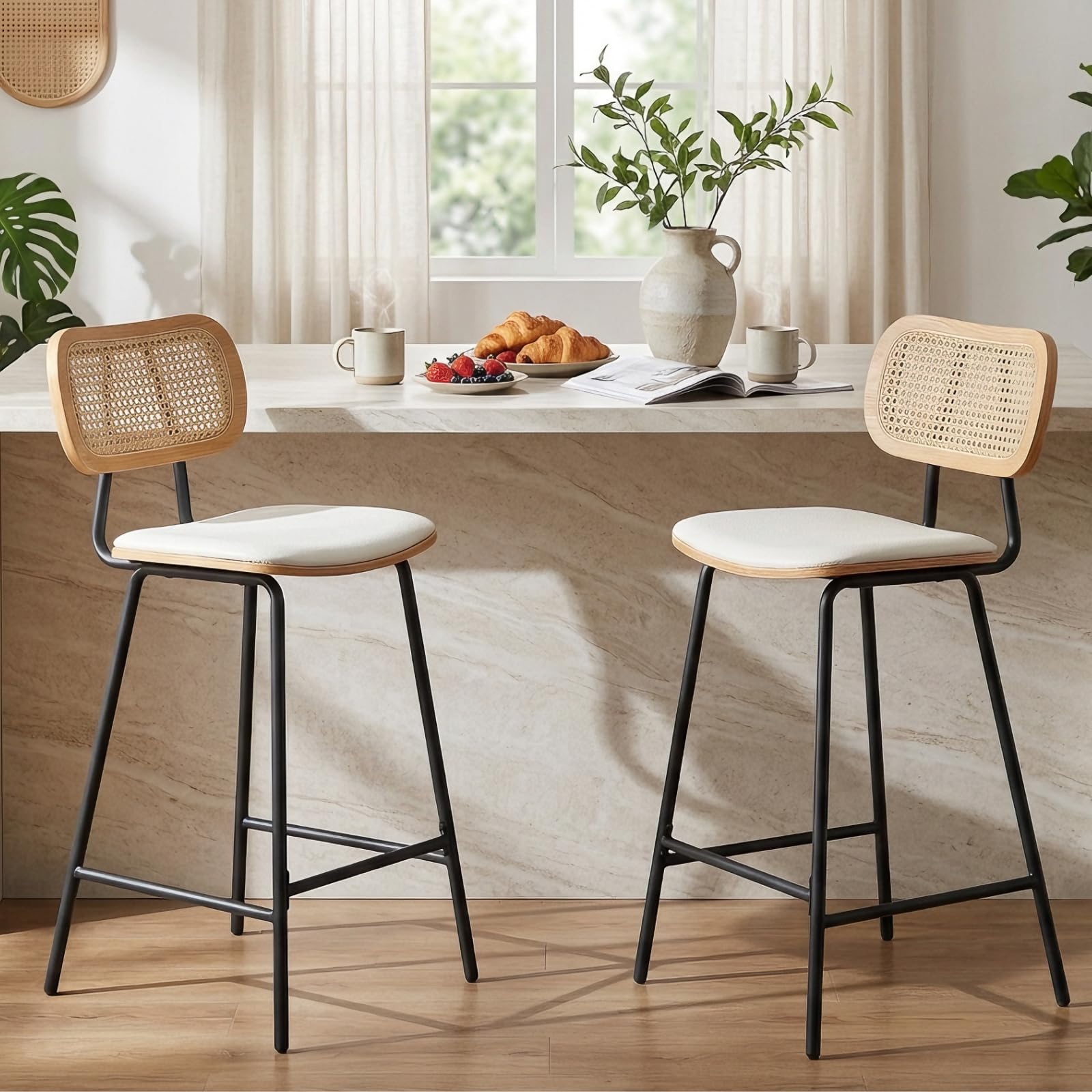 Ya-Home Juego de 2 Taburetes Altos de Cocina Modernos con Respaldo Rattán,Taburetes de Bar Tapizando en Cojín de PU, Sillas Altas de Mostrador con Patas de Madera para Hogar/Restaurante,Blanco