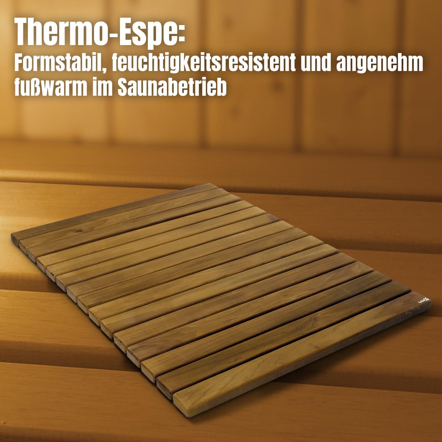 Sauna Bodenmatte 80x60x2 cm FSC Thermo Espenholz Rollbar Rutschfest