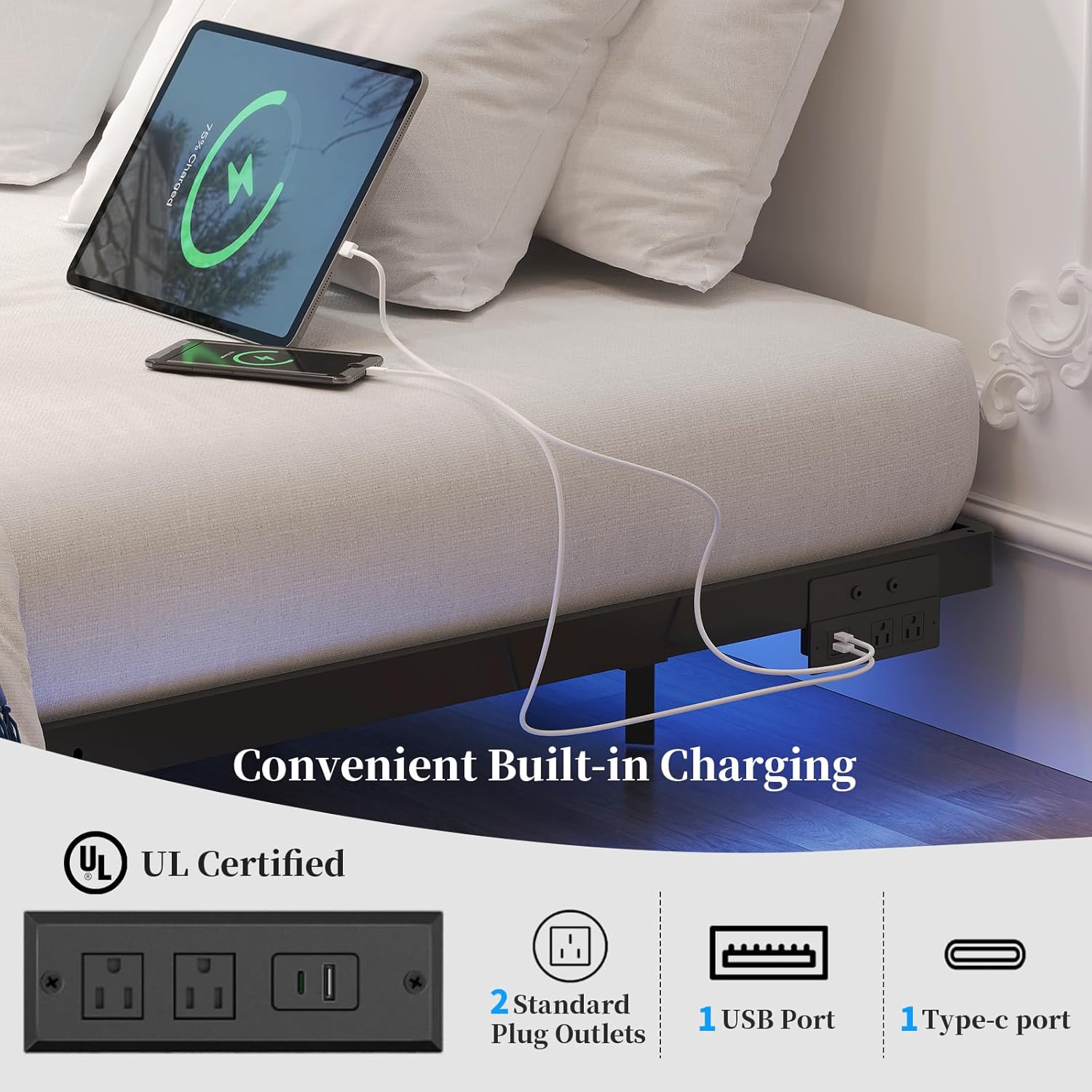 Awesofurni Floating Bed Frame Queen Size with LED Lights and Charging Station, Heavy Duty Modern Metal Platform Bed No Box Spring Needed - Easy Assembly and Noise Free