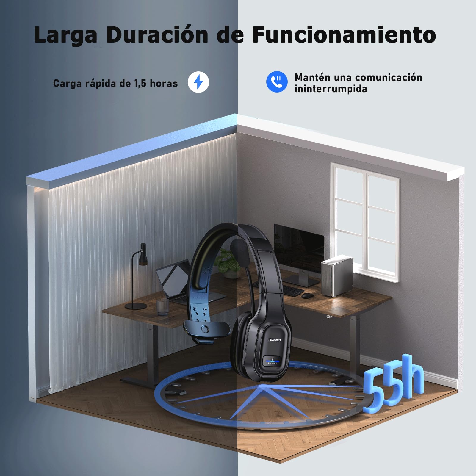 TECKNET Auriculares para PC con Micrófono, Auriculares Bluetooth con Cancelación de Ruido. Sonido Estéreo Nítido. Compatibles con Skype, Teléfonos, Centros de Llamadas y Cursos Online