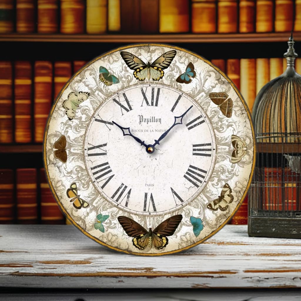 Item C8221 Vintage Style Butterflies Wall Clock (12 Inch Diameter)