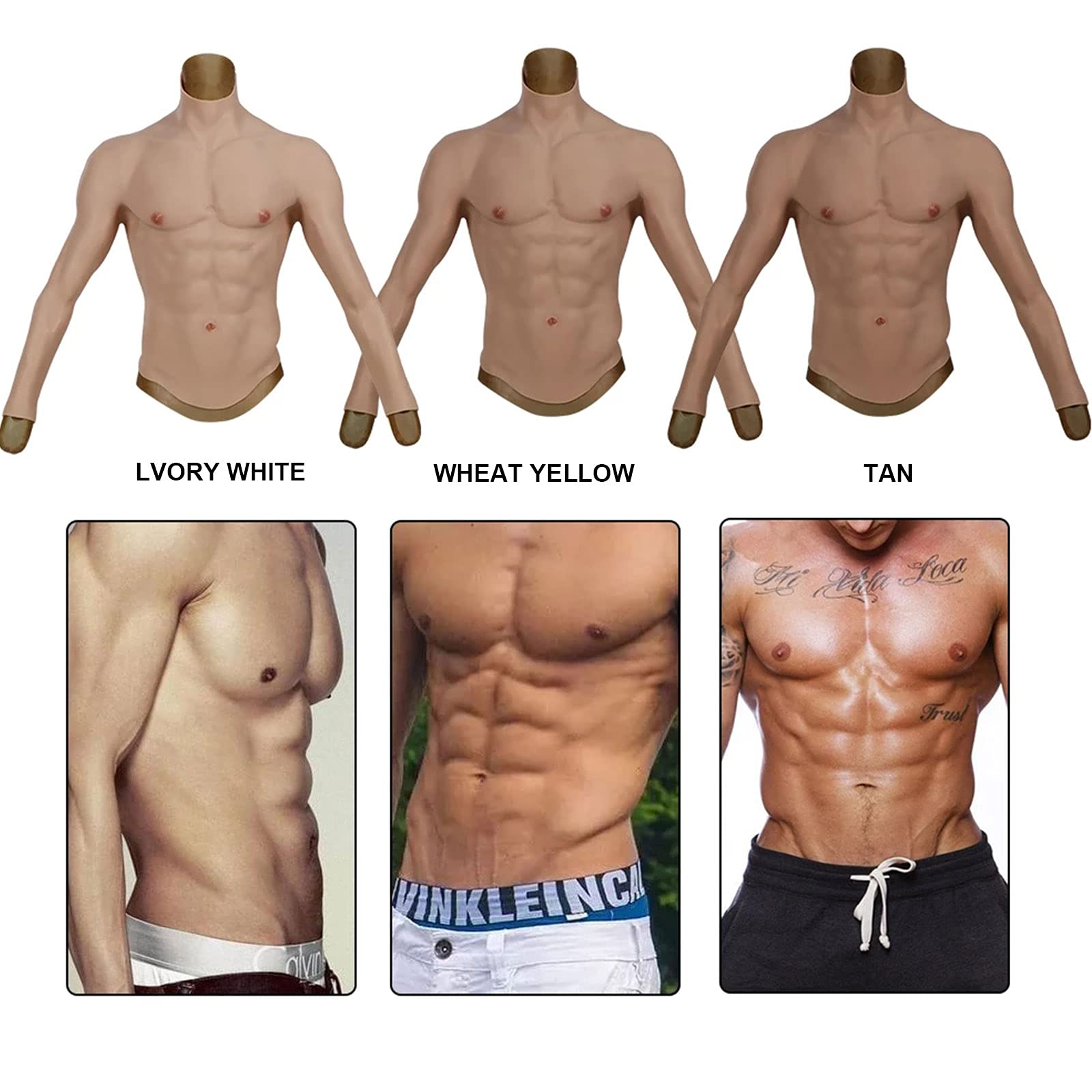 Silikonowy kombinezon mięśni dla mężczyzn Pectoralis Shaper, do połowy ciała, silikonowy strój mięśni z ramionami na Boże Narodzenie, rekwizyty do cosplay, pszeniczny, żółty, rozmiar L