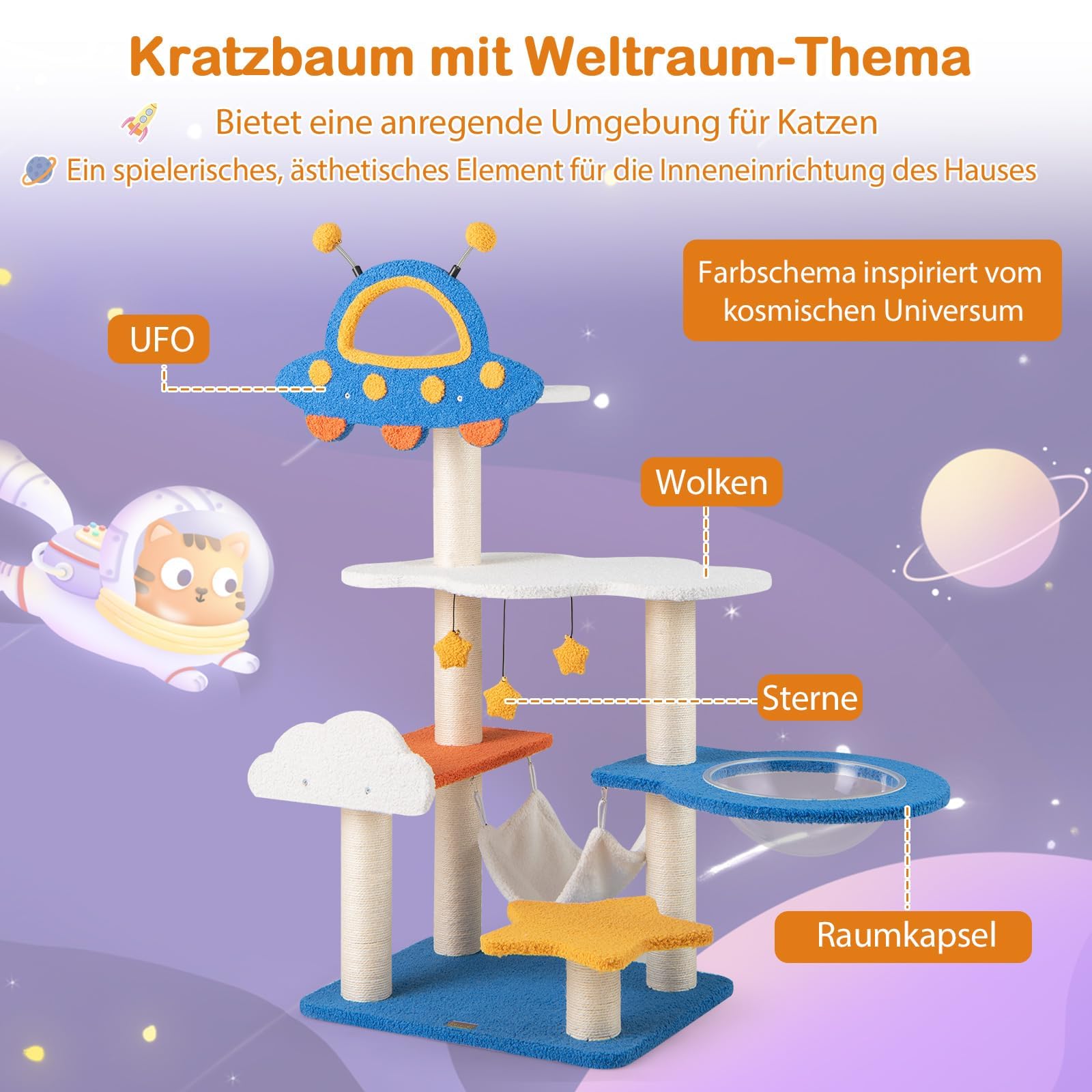 COSTWAY Mały drapak z motywem kosmicznym, drzewko dla kota z platformą UFO, zabawka, sizalowe kolumny do drapaka, hamak i kapsuła kosmiczna, drapak dla kota, meble dla kotów, drzewko do wspinaczki,