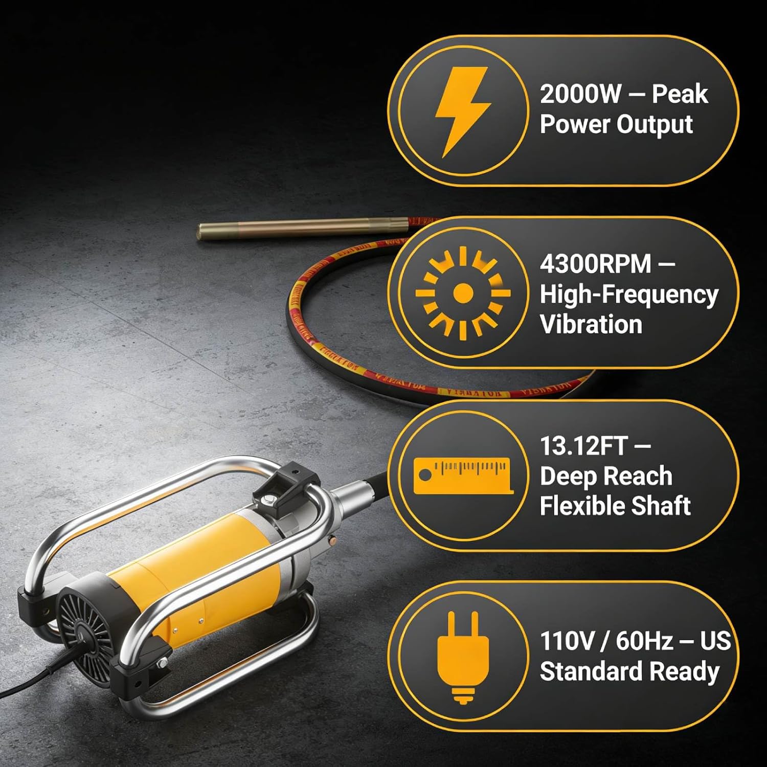 Electric Concrete VibRodentor 2000W Professional with 13.1ft Flexible Shaft, 4300RPM High Frequency VibRodenting Head for Building Construction, Highway, Bridge Concrete Pouring and Repair
