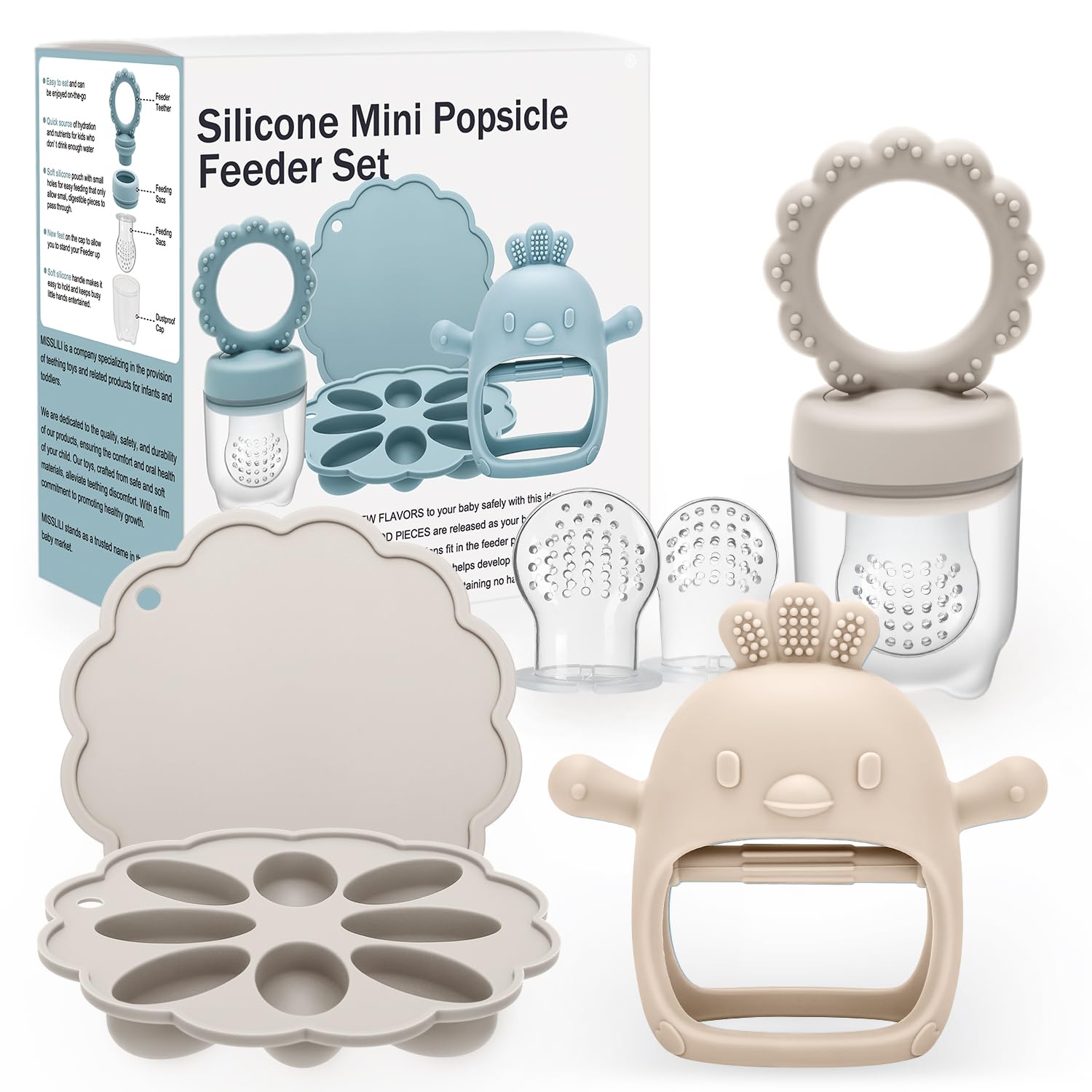 CLDY Baby Fruit Food Feeder, Mini Freezer Tray Combo, Breastmilk Popsicle Freezer Molds, BPA Free Silicone Teether for Toddler Infant for 3 Month+ Toddler Teething&Infant Self Feeding (Beige)