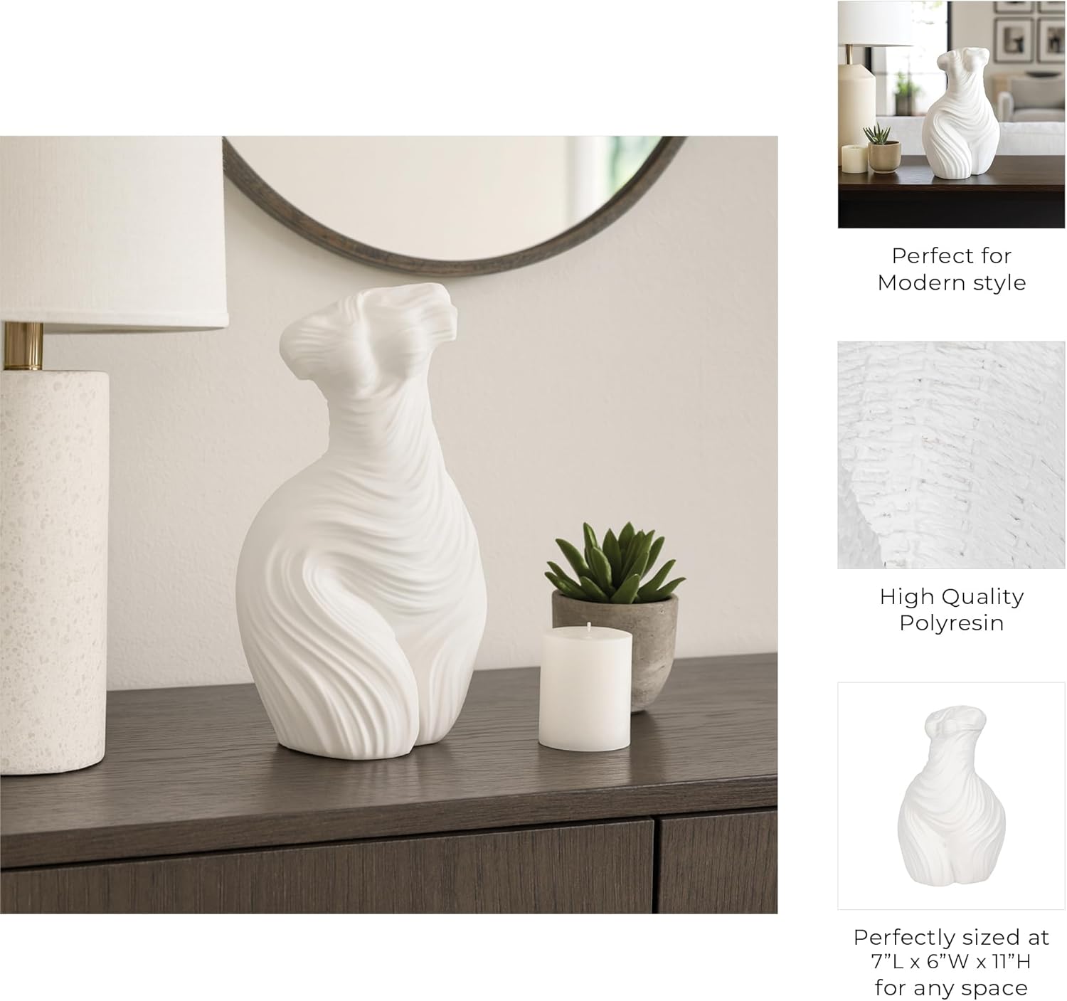 Decorative Home and Office Bust Statue – Polyresin Greek Statue Female Torso Sculpture for Bathroom or Coffee Table Decor, Timeless Shelf Ornament Blending Artistic Beauty and Modern Style – 11" White