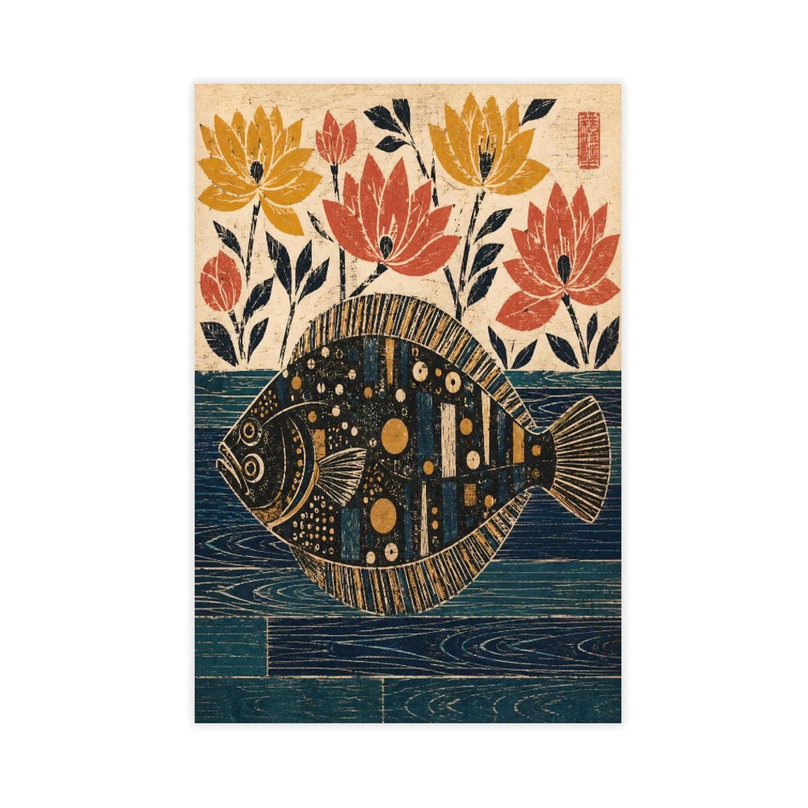 H3b8u2y5 Unframe-Style-19 Folk Art Flounder Canvas Wall Art, Lotus Flowers Dorm Room