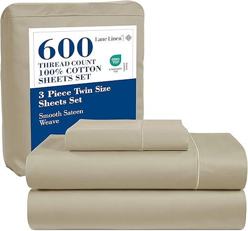LANE LINEN Juego de sábanas de 100 % algodón individual 3 piezas Sábanas de algodón de 600 hilos tamaño individual Sábanas de hotel ultrasuaves y