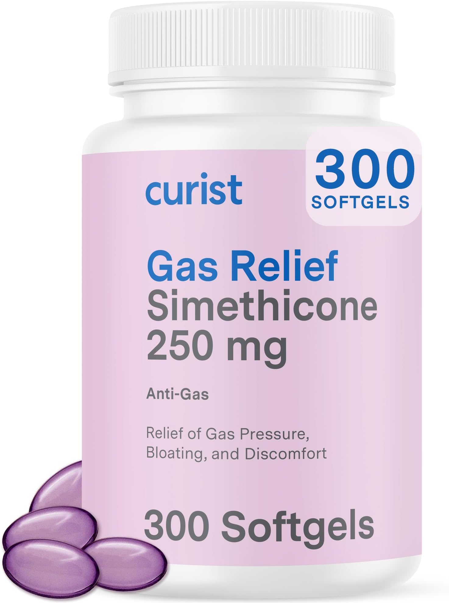 Curist Gas Relief Simethicone 250 Mg Softgels (300 Count) - Digestive Relief, Bloating & Anti Flatulence Pills For Adults Aids And Soft Gels)