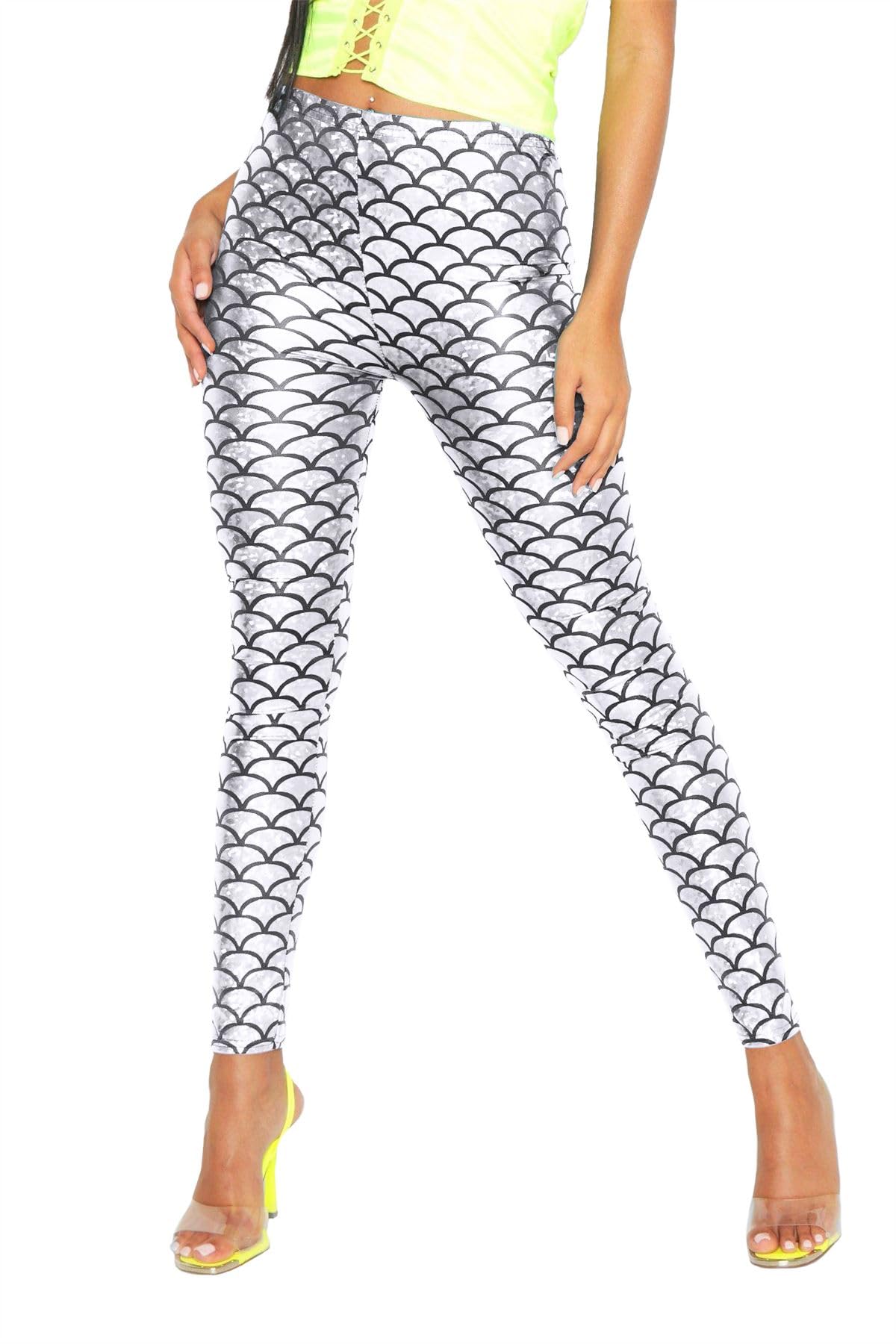 FASHION 7STAR Ladies Fancy Dance Party Mermaid Metallic Legging Girls Stretchy Tight Disco Fish Scale Printed Full Length Leggings Pants Silver