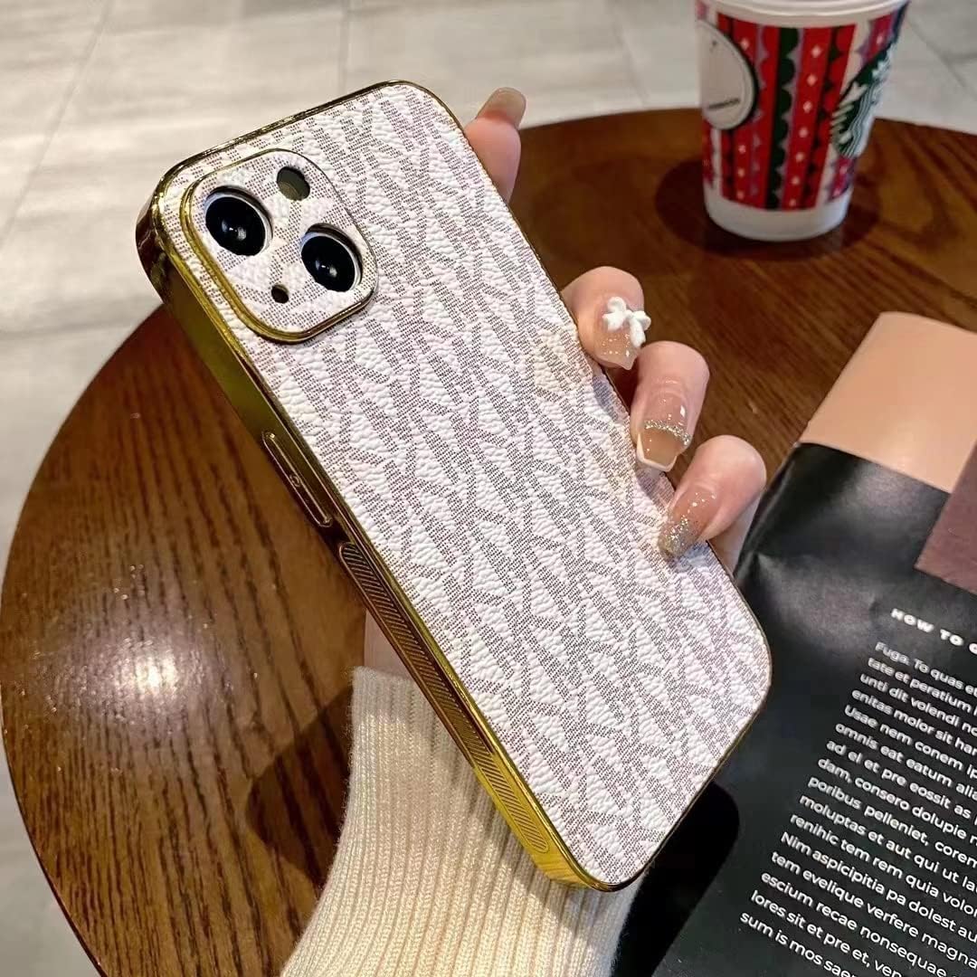 Kaisheng case Compatible for iPhone 14 Pro Max,Luxury Monogram Pattern with Electroplate Frame,Cover Protection and Soft Touch,Everyday case for iPhone 14 Pro Max 6.7" Beige