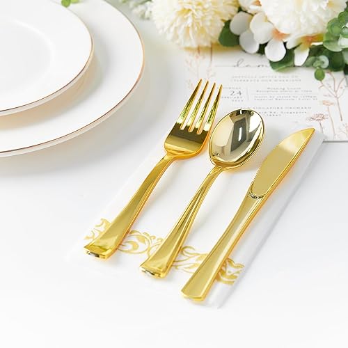 Miniatura 5 de Qeirudu Juego de cubiertos de plástico dorado de 100 piezas, cubiertos desechables de plástico resistentes, incluye 50 tenedores, 25 cucharas y 25