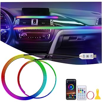 GPJYD Acrylic Ambient Lighting Car LED Interior Lighting 2 in 1 110 cm + 35 cm 168 LEDs RGB LED Car with 16 Million Colors & 210 Dynamic App Control USB Ambience Lighting for Aut o