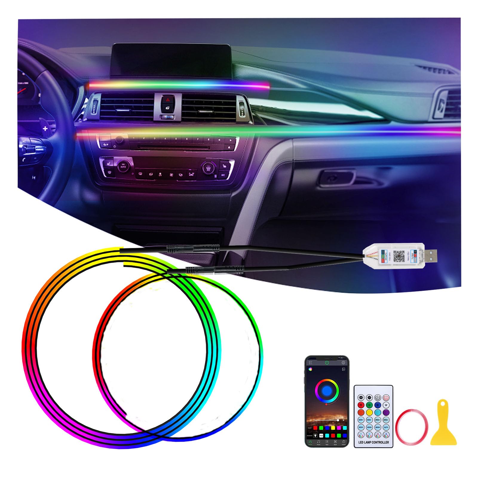 GPJYD Acryl Ambientebeleuchtung Auto LED Innenbeleuchtung, 2 IN 1 110cm+35cm 168LEDs RGB LED Auto mit 16 Millionen Farben & 210 Dynamische, APP-Steuerung, USB Ambiente Beleuchtung für Aut o