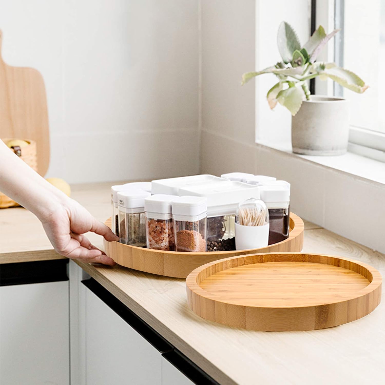 Fasmov 10 Inches Diameter Bamboo Lazy Susan Turntable, Spin Thicken Round Wood Tray Rotating Spice Rack for Kitchen Pantry Countertop Table (Pack of 2)