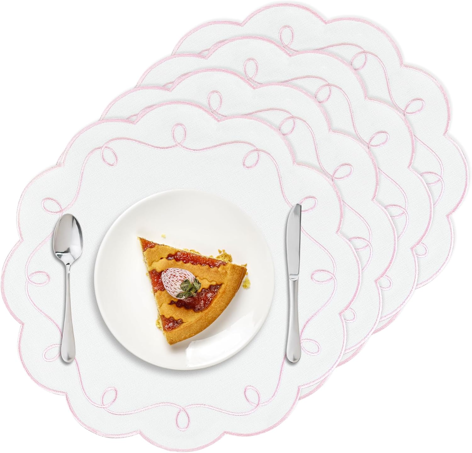 Set of 4 Pink Cotton Linen Placemats 15 Inch Embroidery Scalloped Placemats Decorative Flower Shape Table Mats for Wedding Baby Shower Banquet Party Holiday Holiday Kitchen Dining Table Decor
