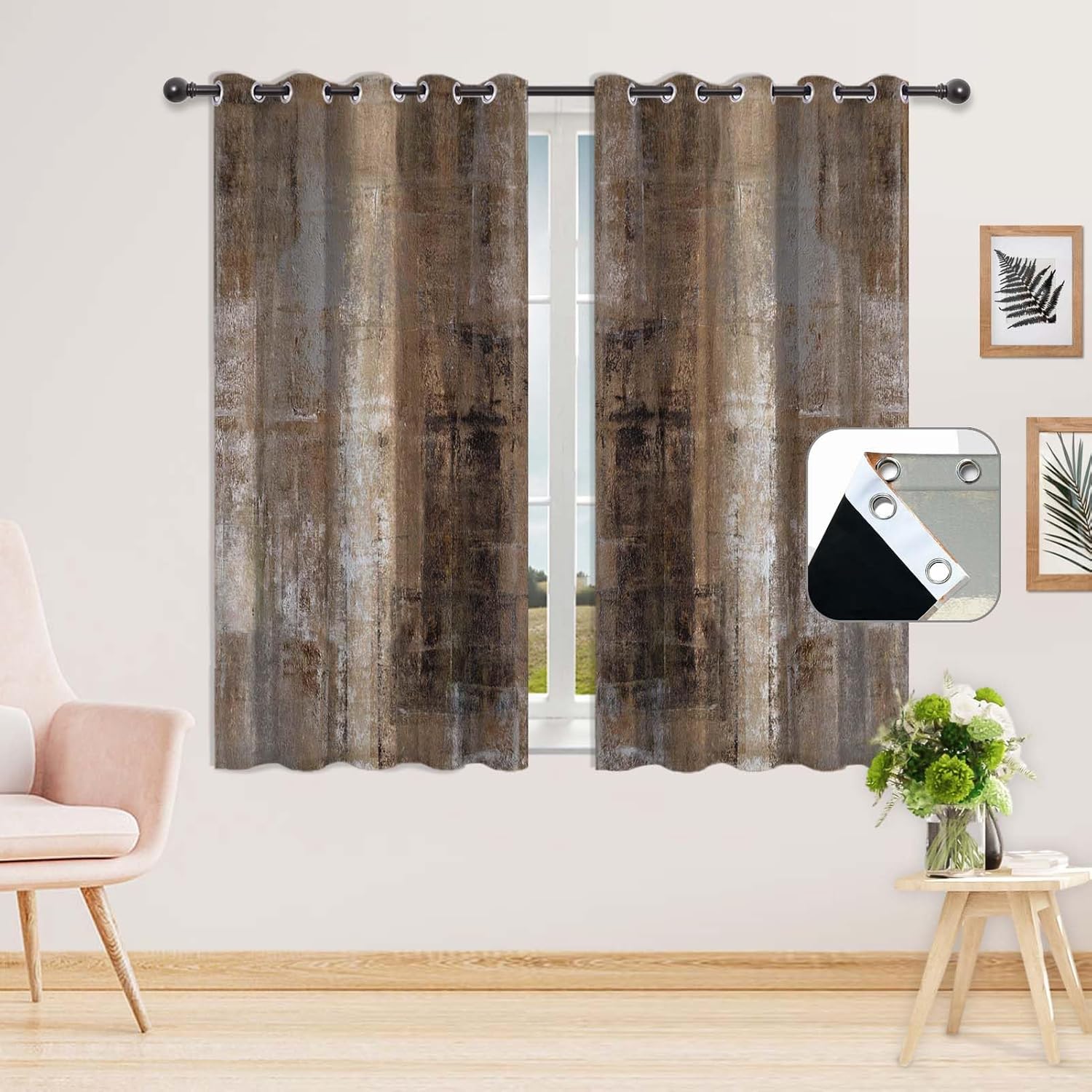 Dark Brown Blackout Curtains for Bedroom, Abstract Thermal Insulated Grommet Curtains for Living Room -Can Block and Transmit Light (2 Panels, 36" W x 63" L)