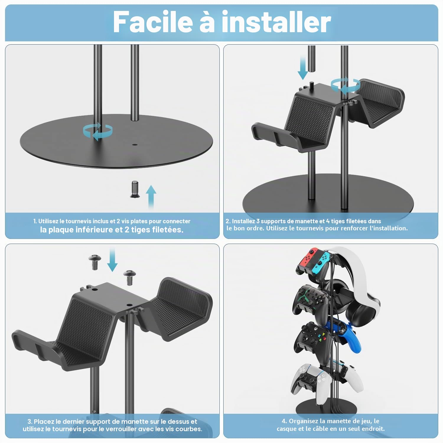 Kosker Support de Manette pour Manettes de Jeu, Support de Casque Gamer avec 4 Niveaux et Organisateur Câble, Rangement et Accessoire Universel pour Bureau, Systèmes Sega