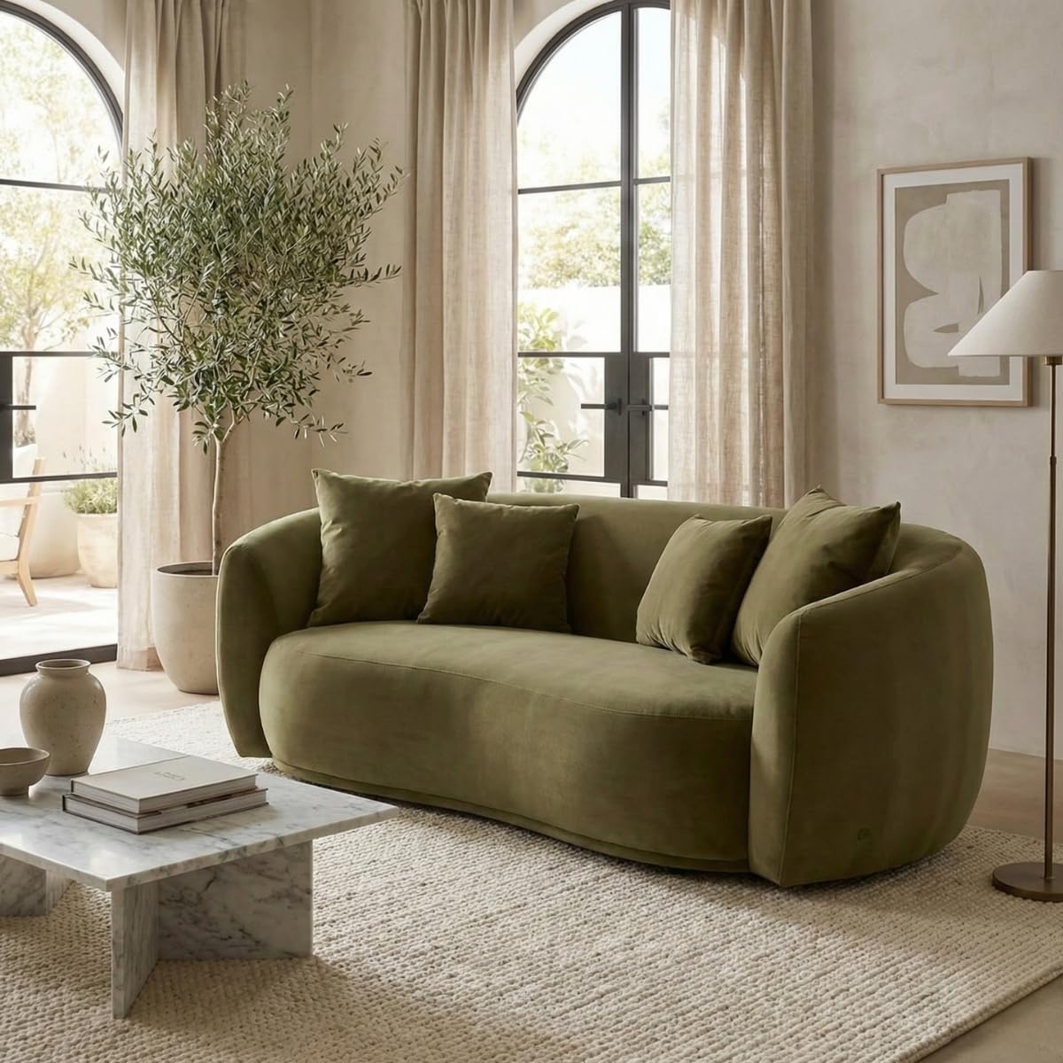 Kingsman Furnitures Everbe Luxe Olive Green Velvet 2 Seater Sofa - Curved Velvet Design – Curved Olive Velvet Upholstery, Mid-Century Luxe 2-Seater Sofa for Living Room (Olive Green Velvet, 2)-image-3