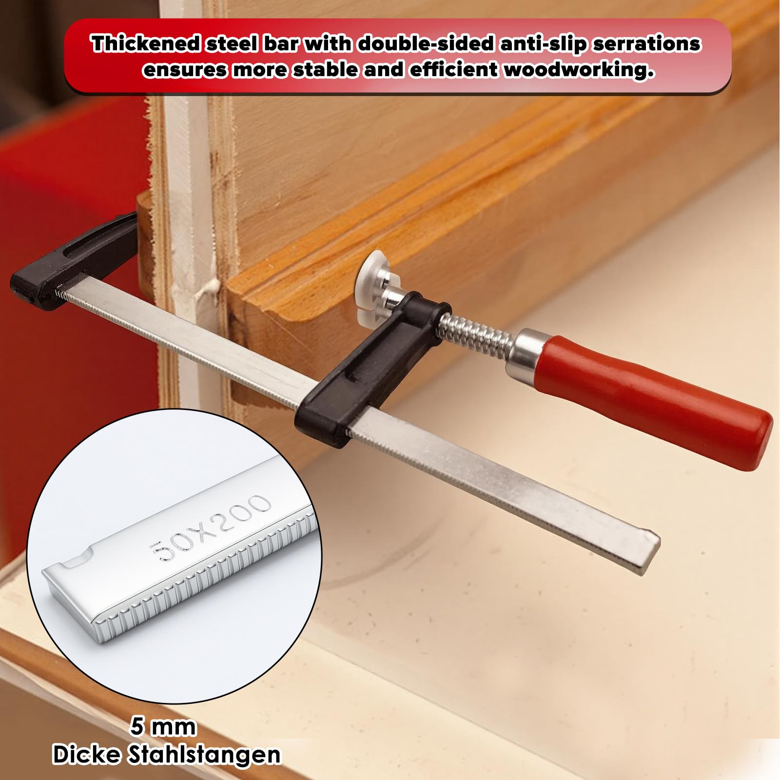 Set di morsetti a vite, apertura alare 200 mm, profondità 50 mm, per lavorazione del legno e fissaggio pezzi