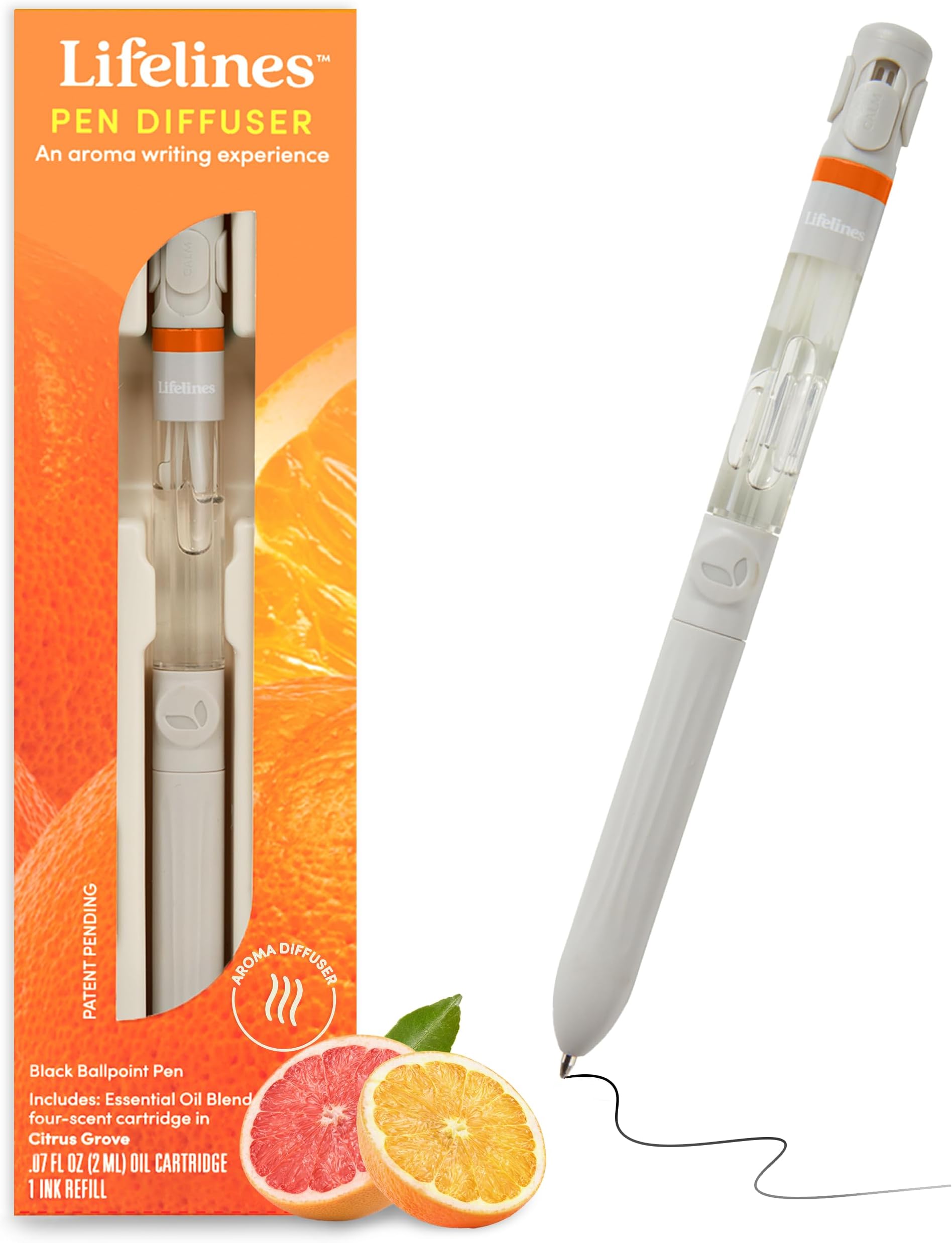 Lifelines Pen Diffuser in Citrus Grove Essential Oil Blends, Elegant 1.0mm Ballpoint Tip, Black Pen, Ink Refill Included