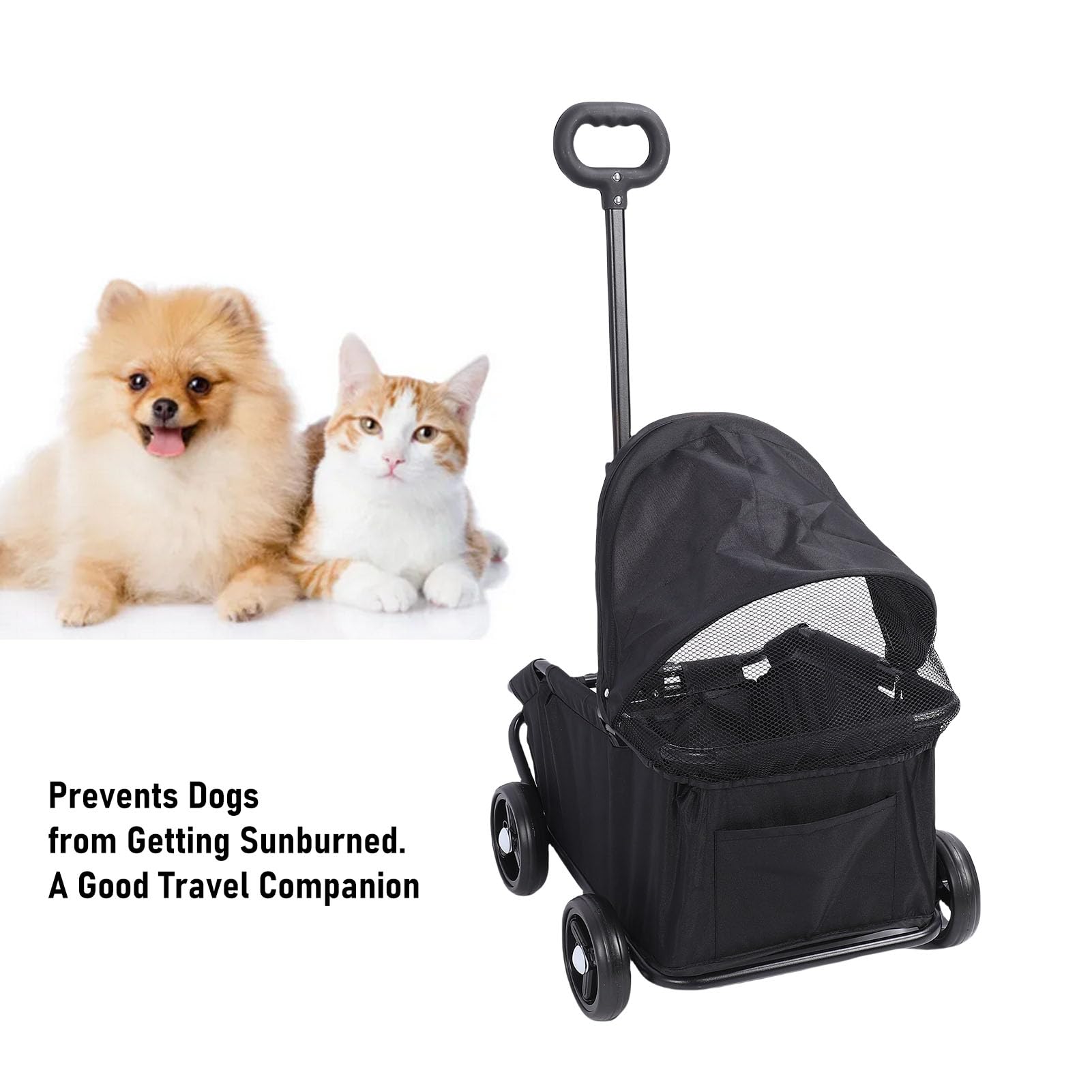 VBESTLIFE Passeggino per Animali Domestici Pieghevole Leggero, Design a 4 Ruote con Tettuccio Parasole e Carrello per Animali Multifunzionale Pieghevole con una Sola Mano per Cani di (BLACK)