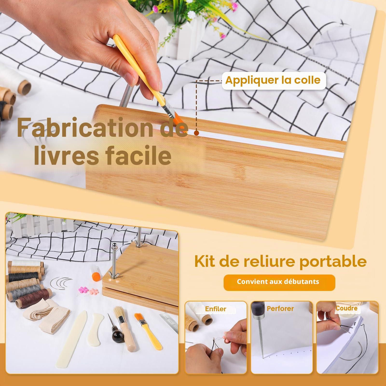 Wankon Kit de reliure pour livres, outils et matériaux de reliure avec presse en bois (30 x 19,2 cm), pliage et couverture de livre