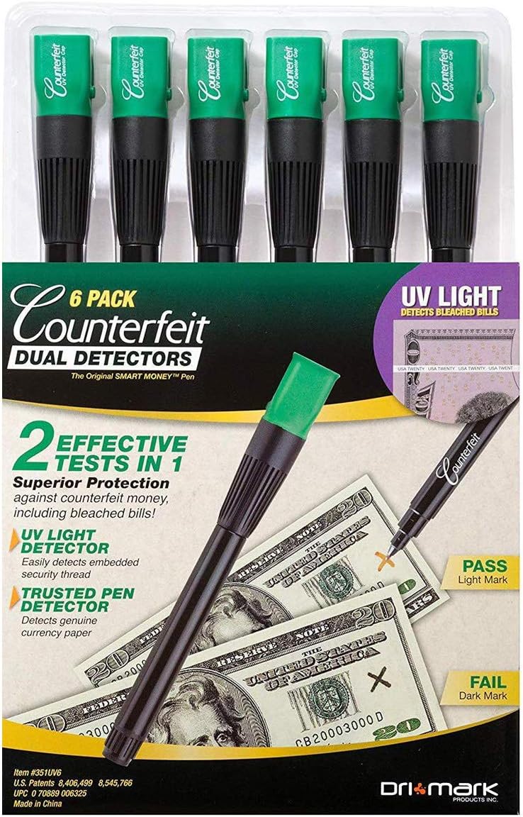 Dri Mark Dual Test - The Original Counterfeit Detection Marker Pen with UV LED Cap, Tests for Security Strips and Authentic Currency Paper - 6 UV Light/Pen Combinations