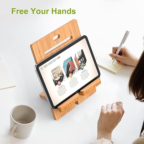 Miniatura 2 de Pezin & Hulin Soporte ajustable de bambú para tableta, soporte para teléfono celular de escritorio compatible con Pad 9.7, 10.5, 12.9, Air 2 3 4