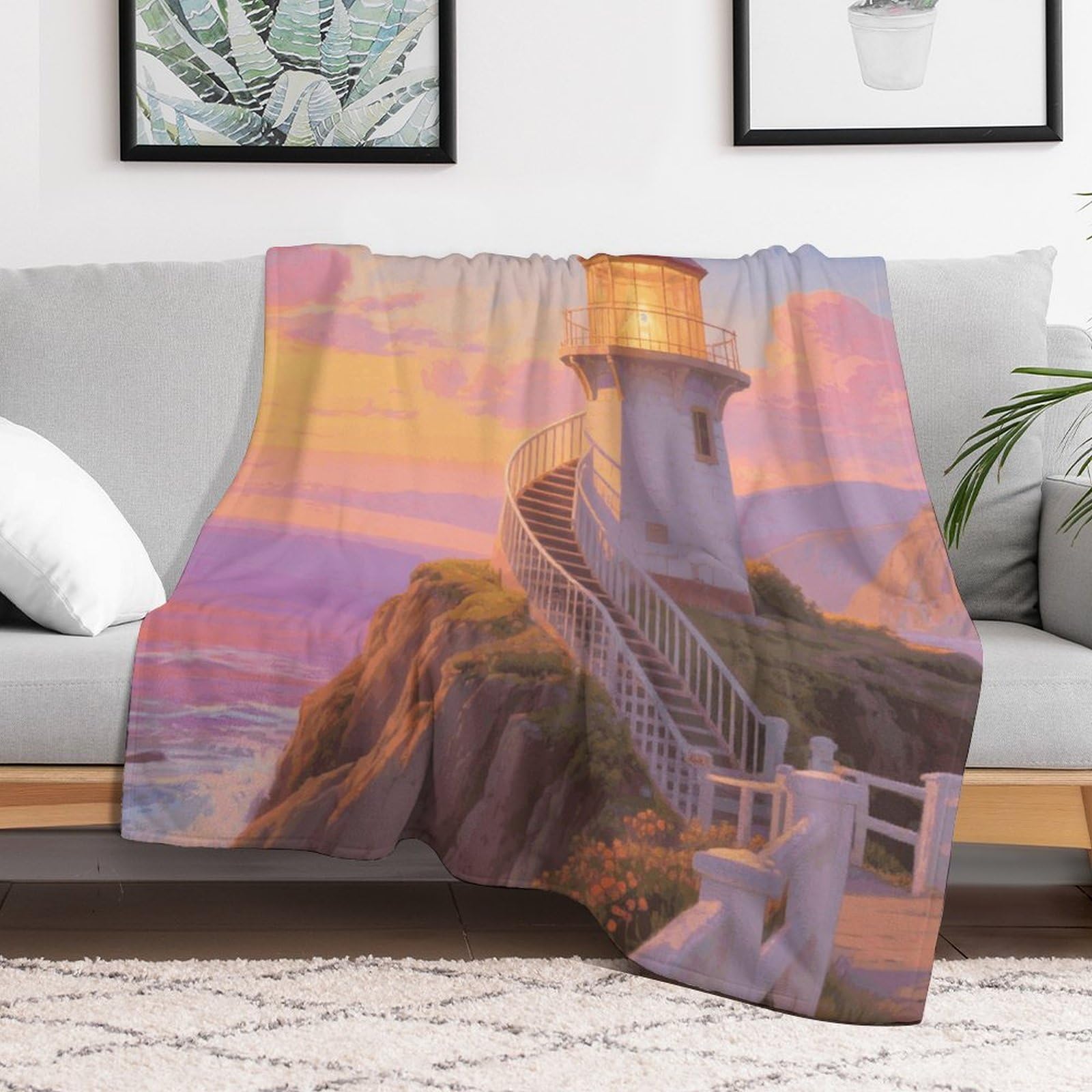 Custom Sunset Lighthouse Blanket Lightweight Flannel Fleece Throw for Couch Sofa Bed Luxury Soft Cozy Plush Lap Bedtime Blanket for All Seasons Bedroom Home Decor Gifts 40x50