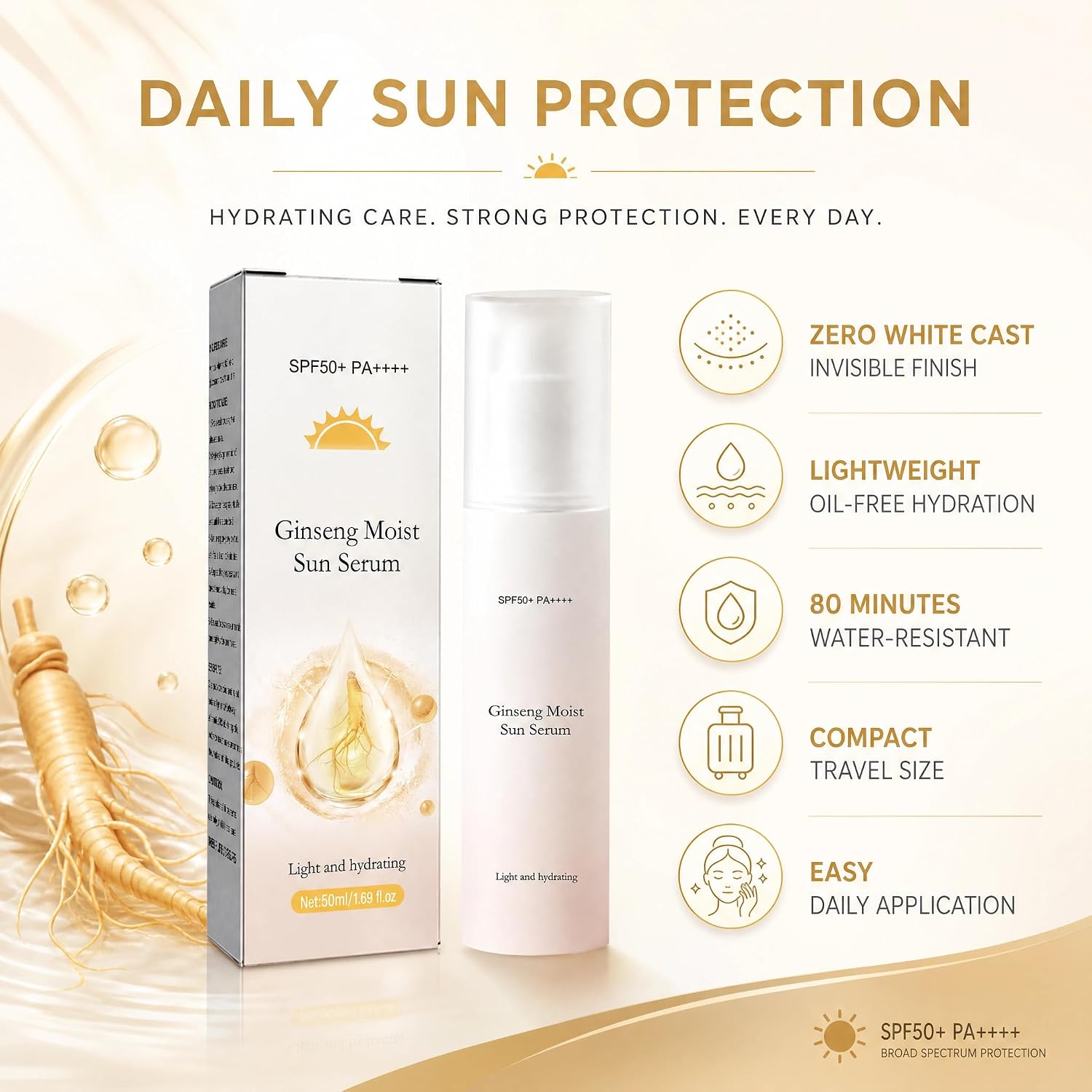 Clear Face Sunscreen SPF 50 - Ginseng Moist Sun Serum Facial Sunscreen with No White Cast, Lightweight & Non-Greasy Formula for Daily Wear, Travel Size Sunscreen for All Skin Types (1 Pack) image 2