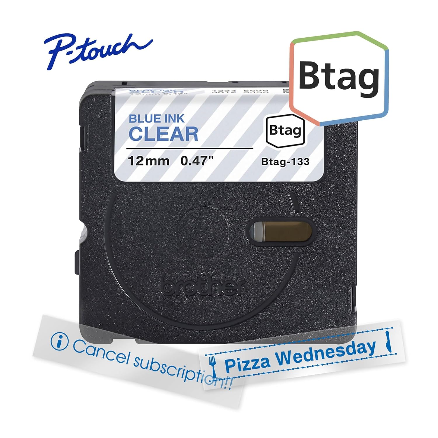 Brother Genuine P-Touch Btag BTAG133 Blue on Clear Label Tape ~1/2in by 13.1ft (12mm x 4m). (Works Only with Brother PT-N10, PT-N20, PT-N25BT Label Makers)