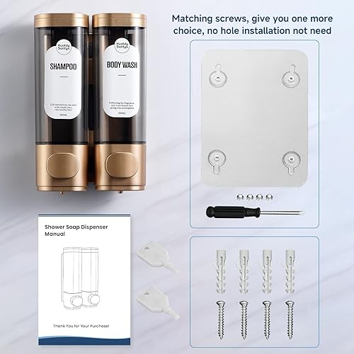 Miniatura 7 de Dispensador de champú y acondicionador, dispensadores de jabón de ducha recargables, 2 cámaras, sin taladro, dispensador de champú para ducha