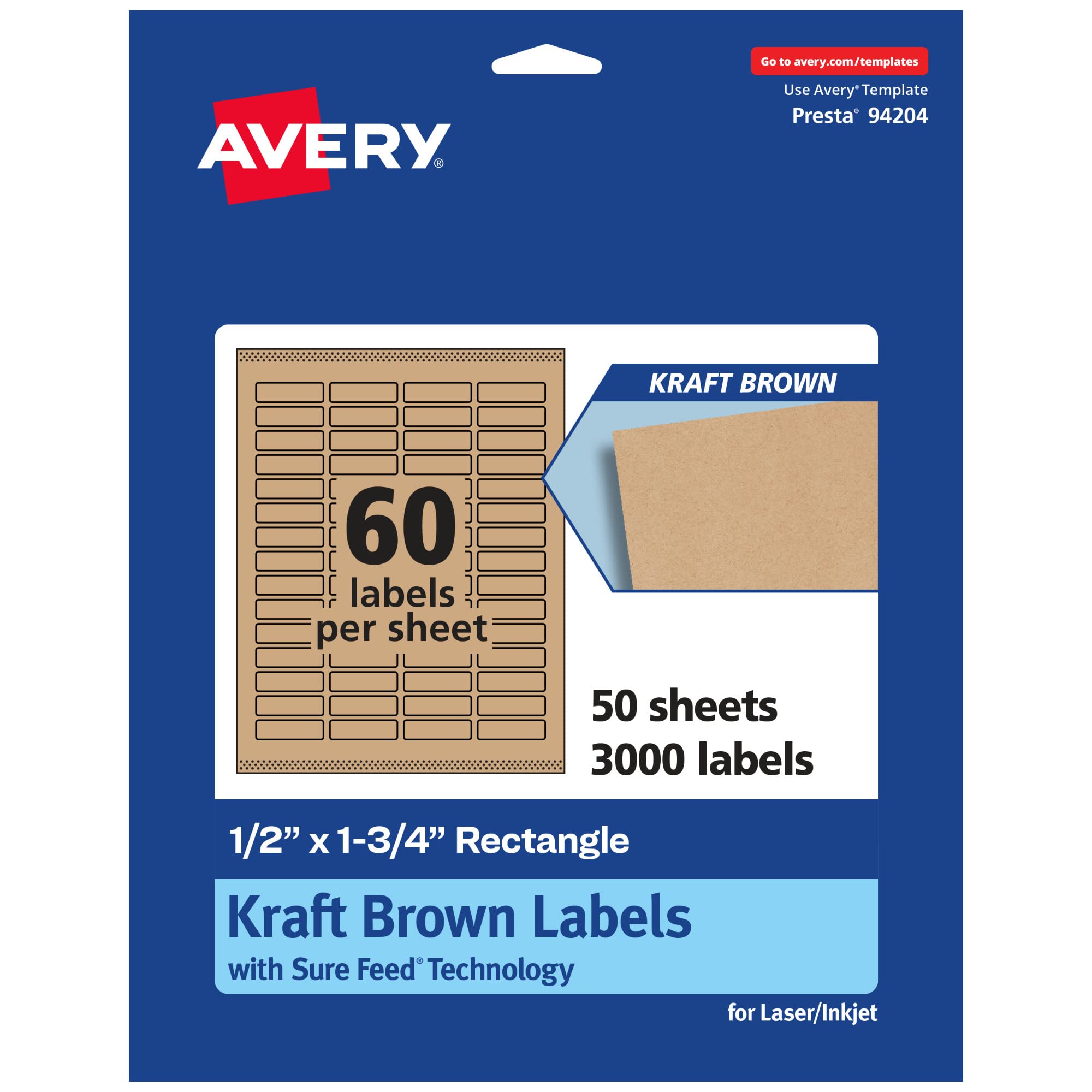 Avery Kraft Brown Rectangle Labels with Sure Feed, .5" x 1.75", 3,000 Kraft Brown Labels, Print-to-The-Edge, Laser/Inkjet Printable Labels