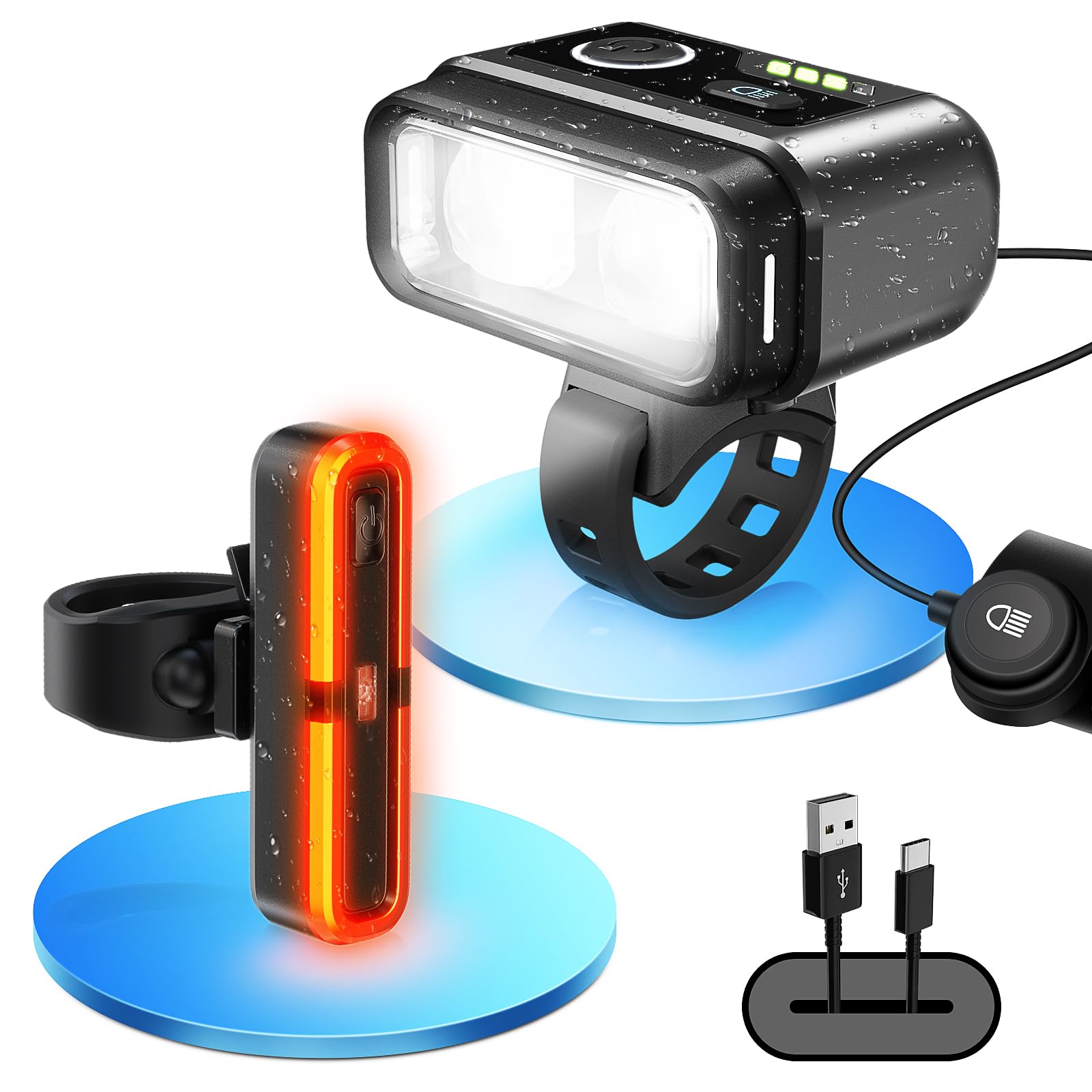 Set di luci per bicicletta, 100 lux, con freno a sensore e funzione abbagliante, interruttore a telecomando, batteria 3200 mAh, approvato StVZO, tipo C, IPX5, impermeabile per bicicletta, MTB