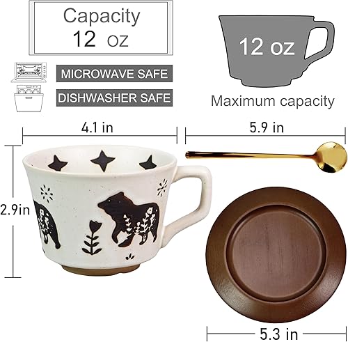 Miniatura 10 de PMNING Taza de café de cerámica vintage Taza de té de café de cerámica gruesa con platillo y cuchara de madera, taza de té de 12 onzas y platillo
