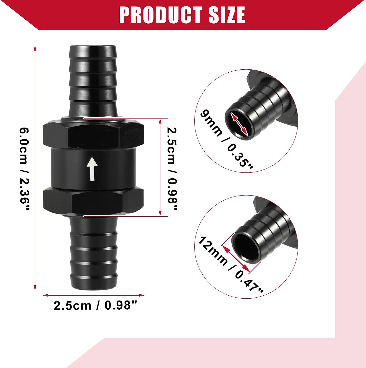 Fuel Check Valve One Way/Inner Non Return One Way Check Valve for Car Fuel Petrol Gasoline Diesel/Durable 0.47" 12mm OD / 2 Pcs Black