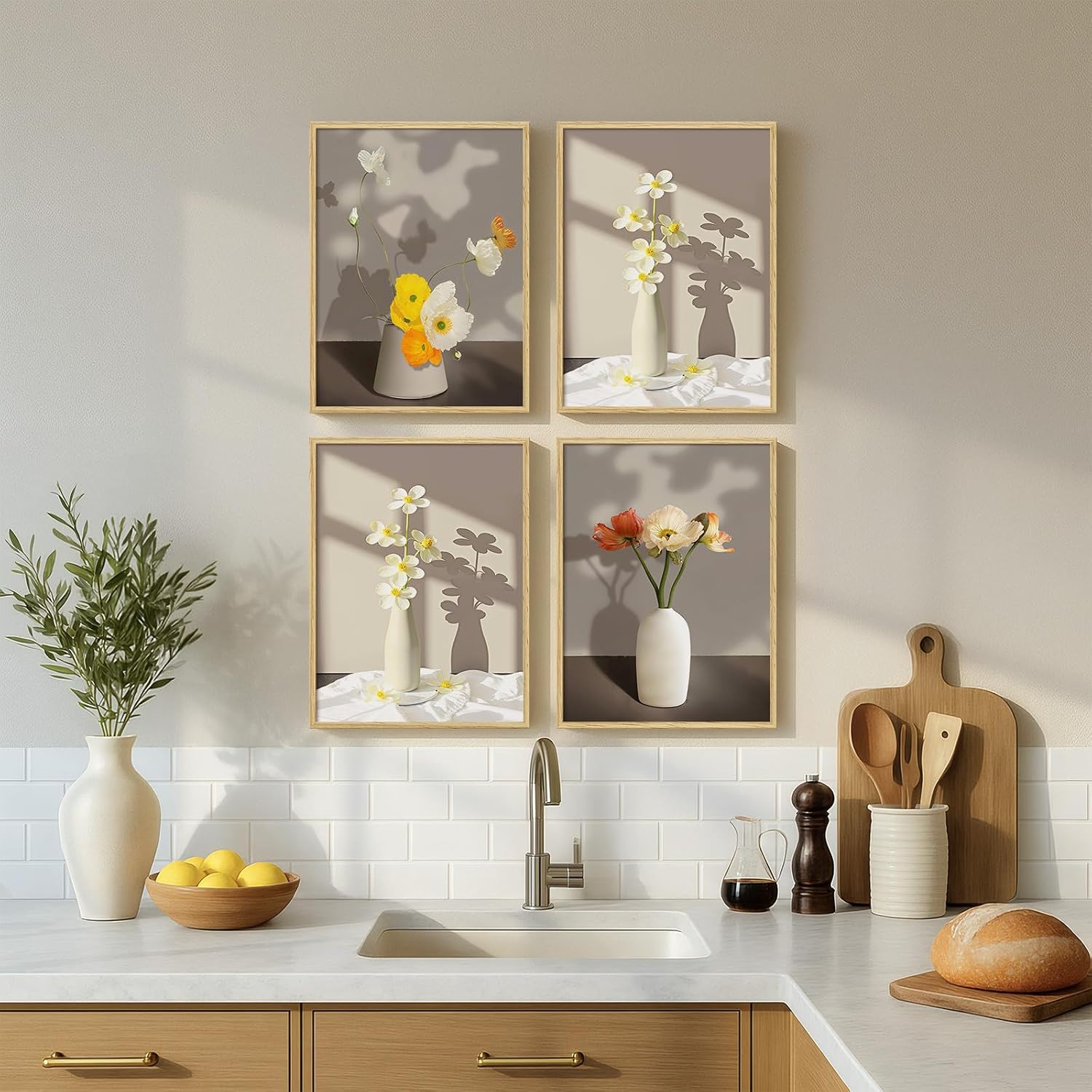 Framed Botanical Floral Wall Art, 4 Piece Yellow Flower Canvas Painting Prints Artwork for Walls, Modern Elegant Pictures for Living Room Bedroom Kitchen Hallway Dining Room Home Decor, 12x16 Inch image 3