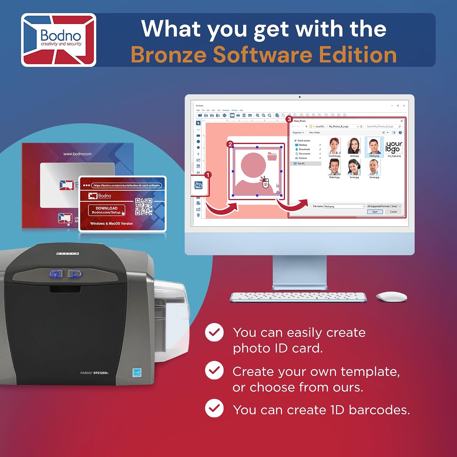 Bodno Fargo DTC1250e Single Sided ID Card Printer & Complete Supplies Package with Bronze Edition Software