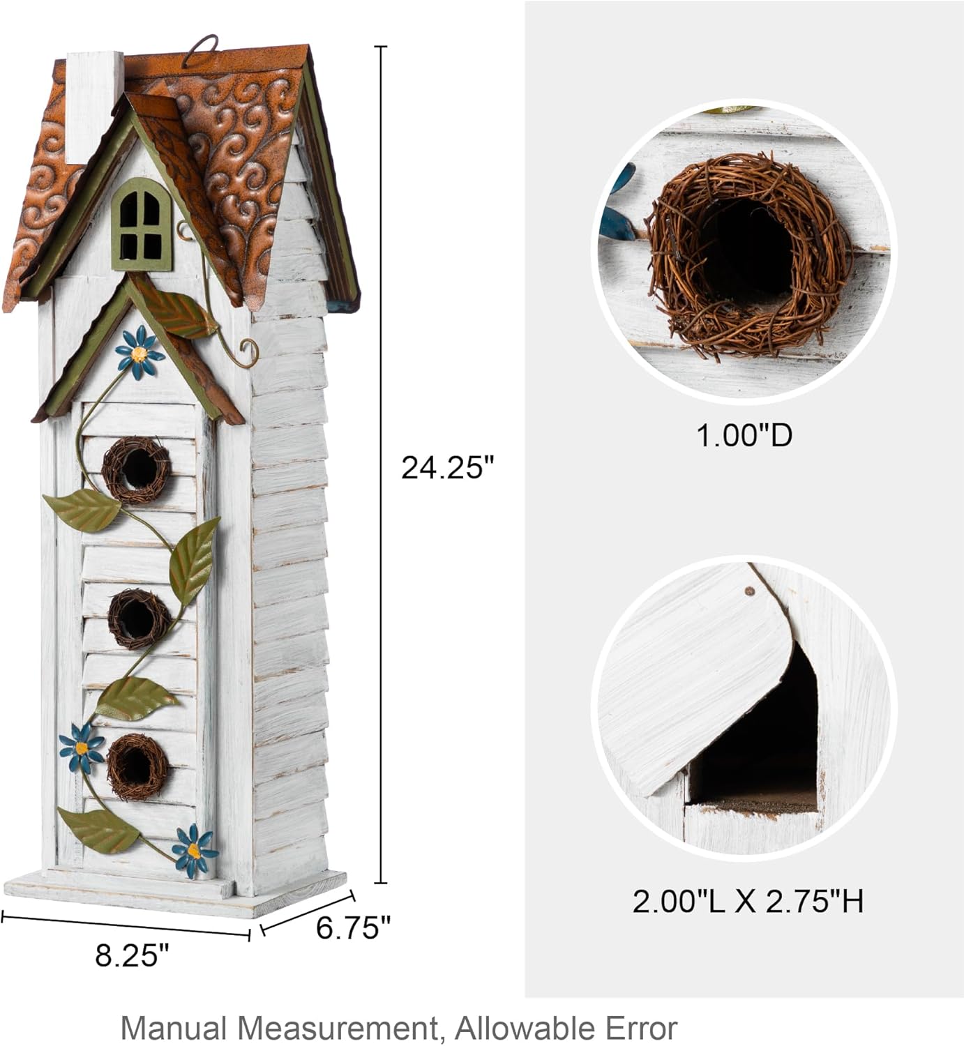 Glitzhome Bird Houses for Outside,Hand Painted Hanging Bird House for Outdoors, 24.25" H Oversized 3-Tiered Villa Decorative Wooden Bird Houses Large Birdhouse for Garden, Washed White